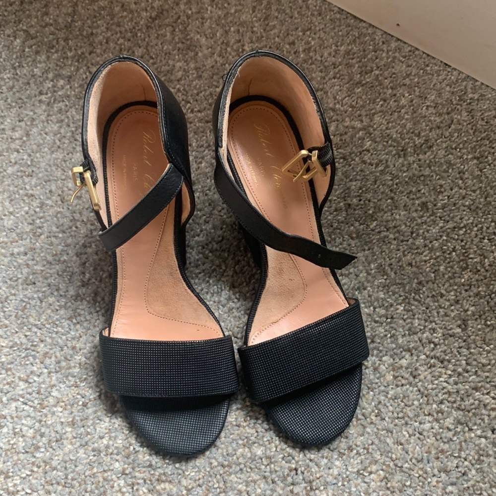 Robert Clergerie Black Textured Leather Ankle-Strap Heels